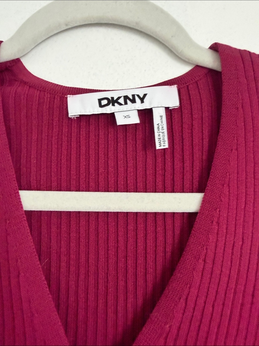 DKNY Short Sleeve Ribbed Zip-Front Top - Raspberry - Picture 10 of 12